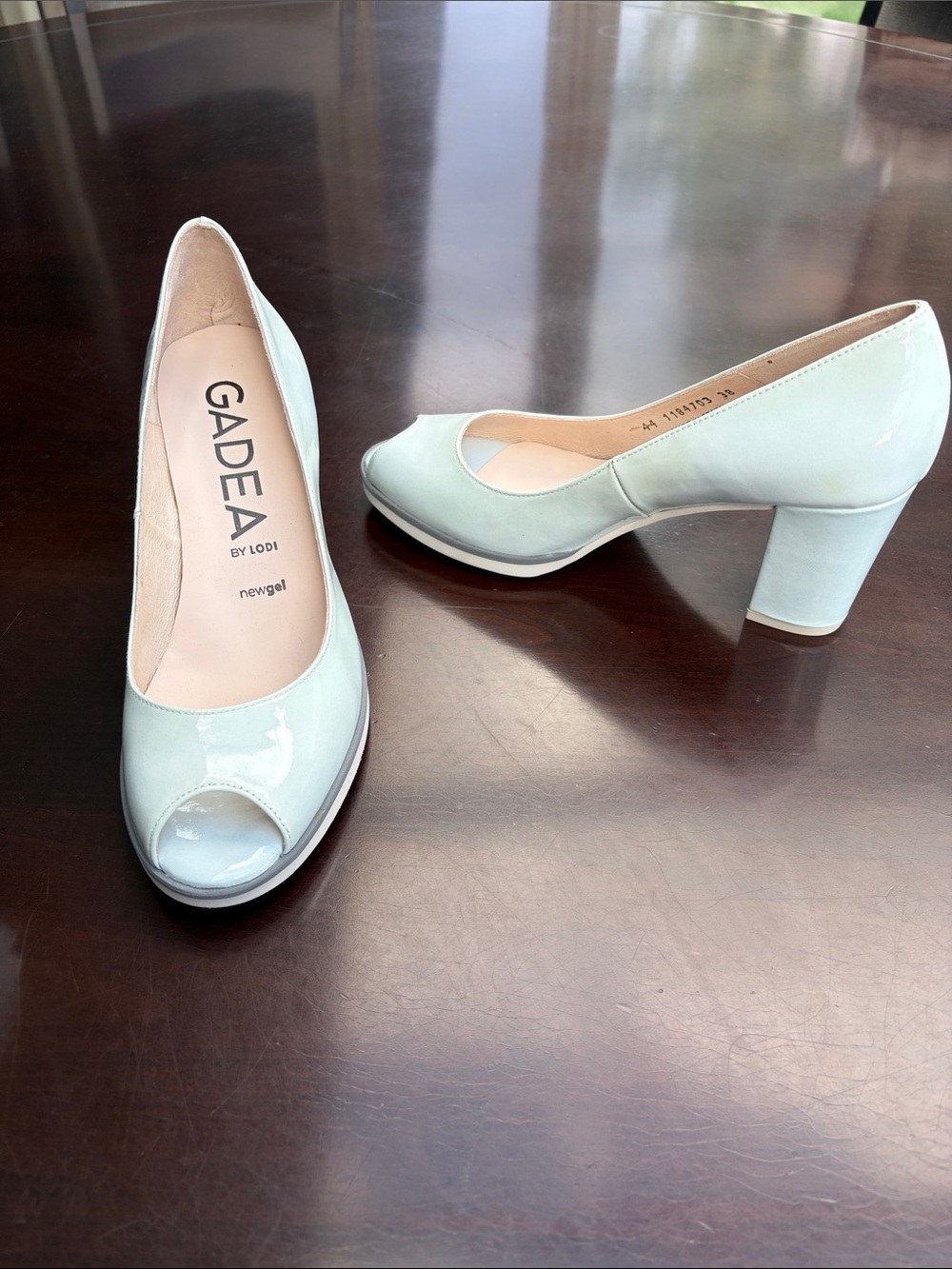 GADEA By Lodi Light Blue Patent Peep Toe Block Heel Pumps size 38